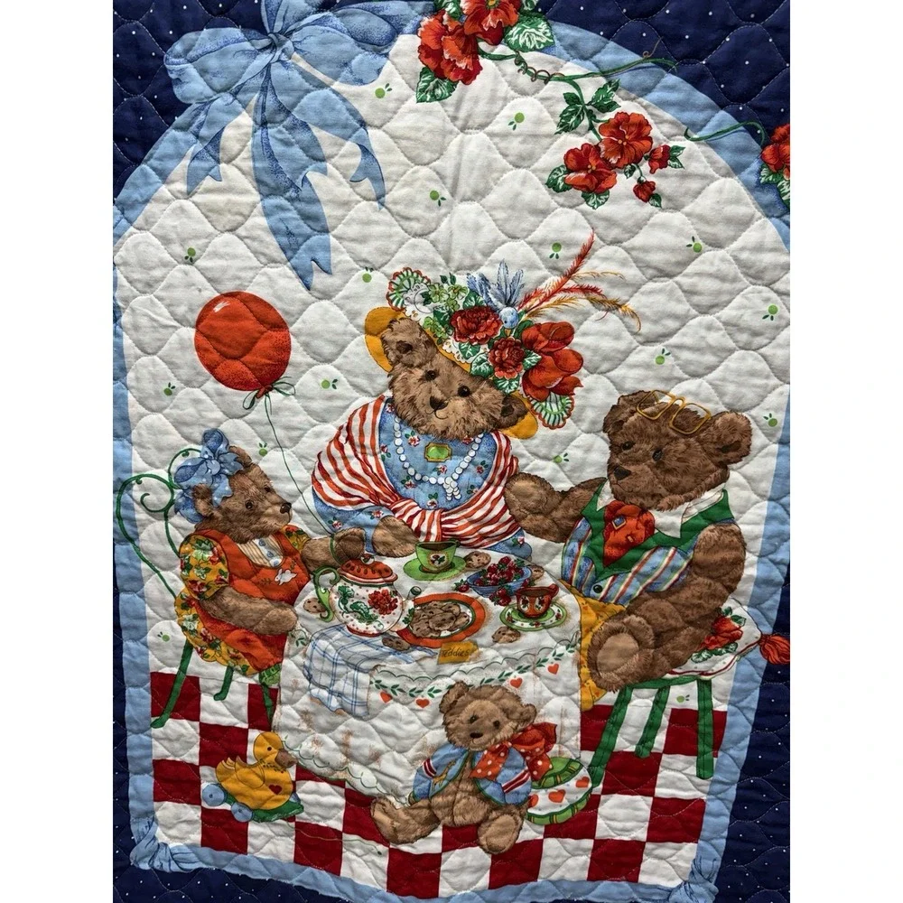 Vintage Teddy Bear Quilt Baby Toddler Cranston Print Tea Party 1990s Excellent
